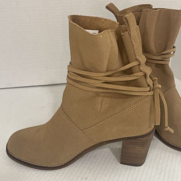 TOMS Ankle Boots Women's 7.5 Tan Suede Block Heel Wrap Lace Booties Casual Fall - Picture 8 of 13